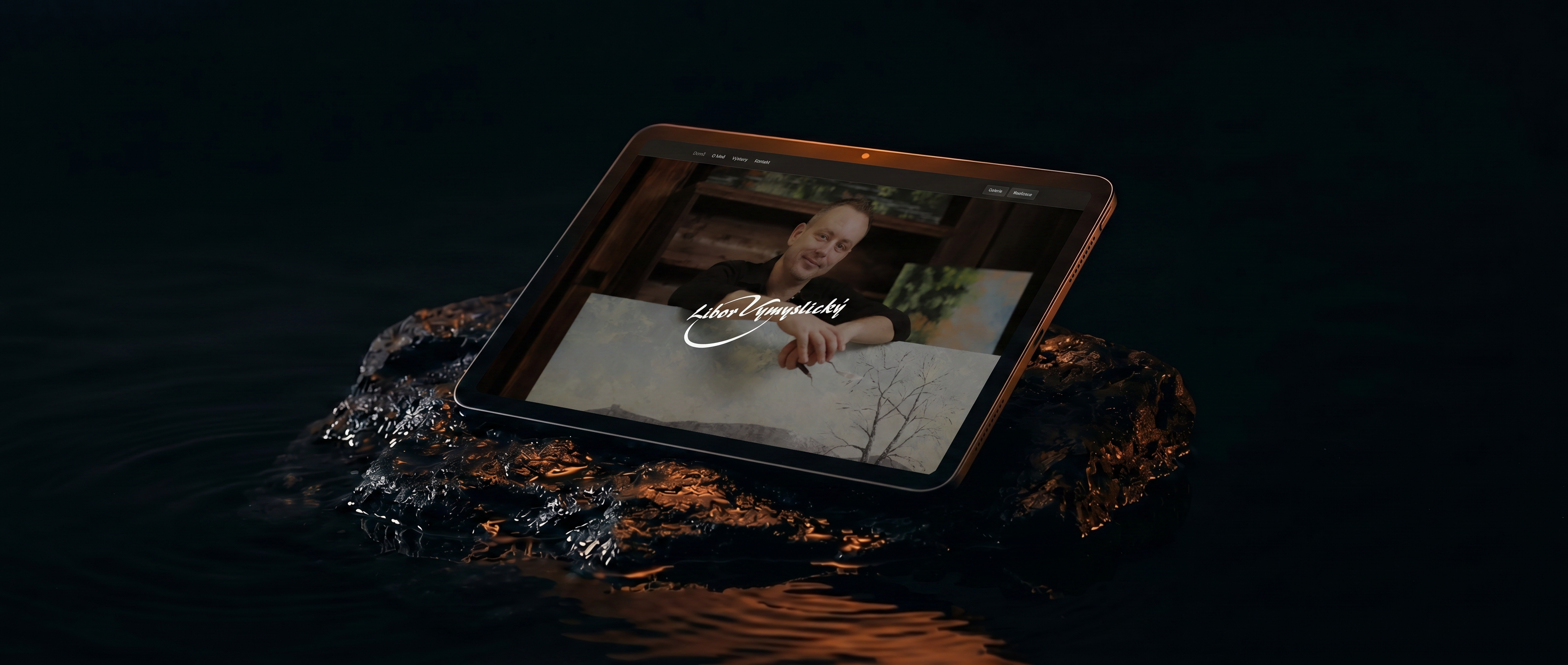 Homepage of liborvymyslicky.cz with a portrait of the painter at work and a calligraphic logo
