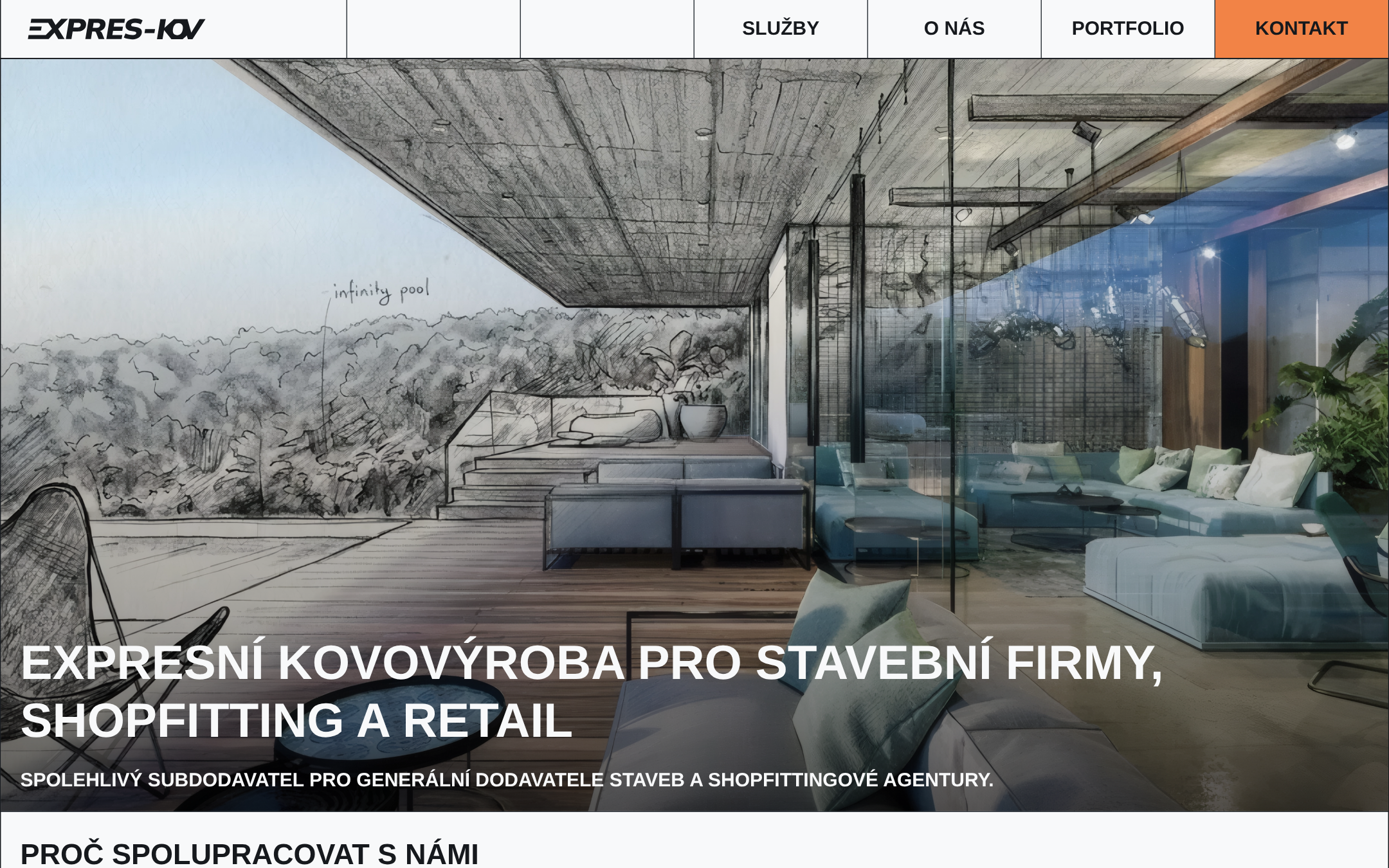 Hero sekce expreskov.cz s velkým architektonickým vizuálem a claimem 'Expresní kovovýroba pro stavební firmy, shopfitting a retail'