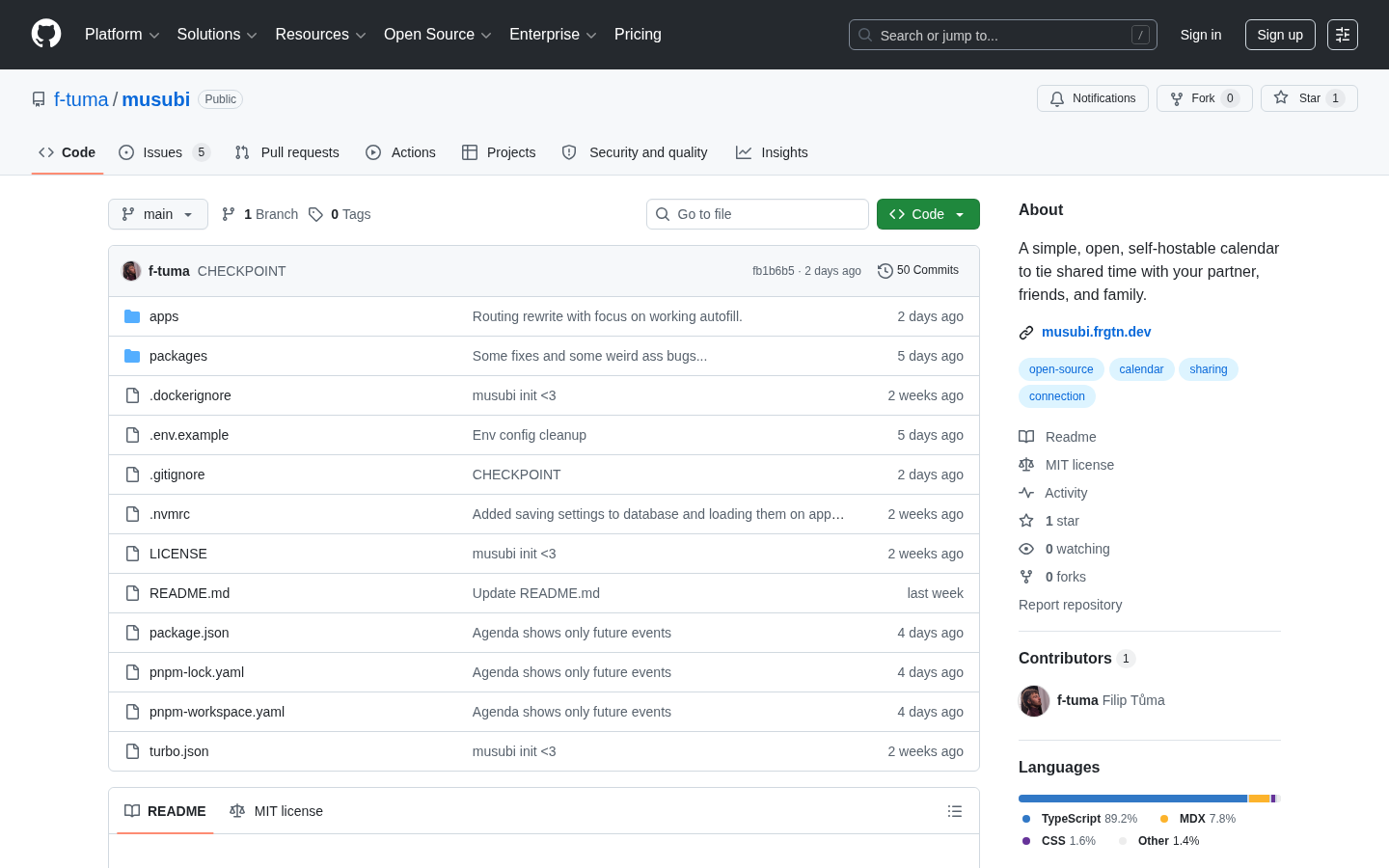 Screenshot GitHub repozitáře Musubi